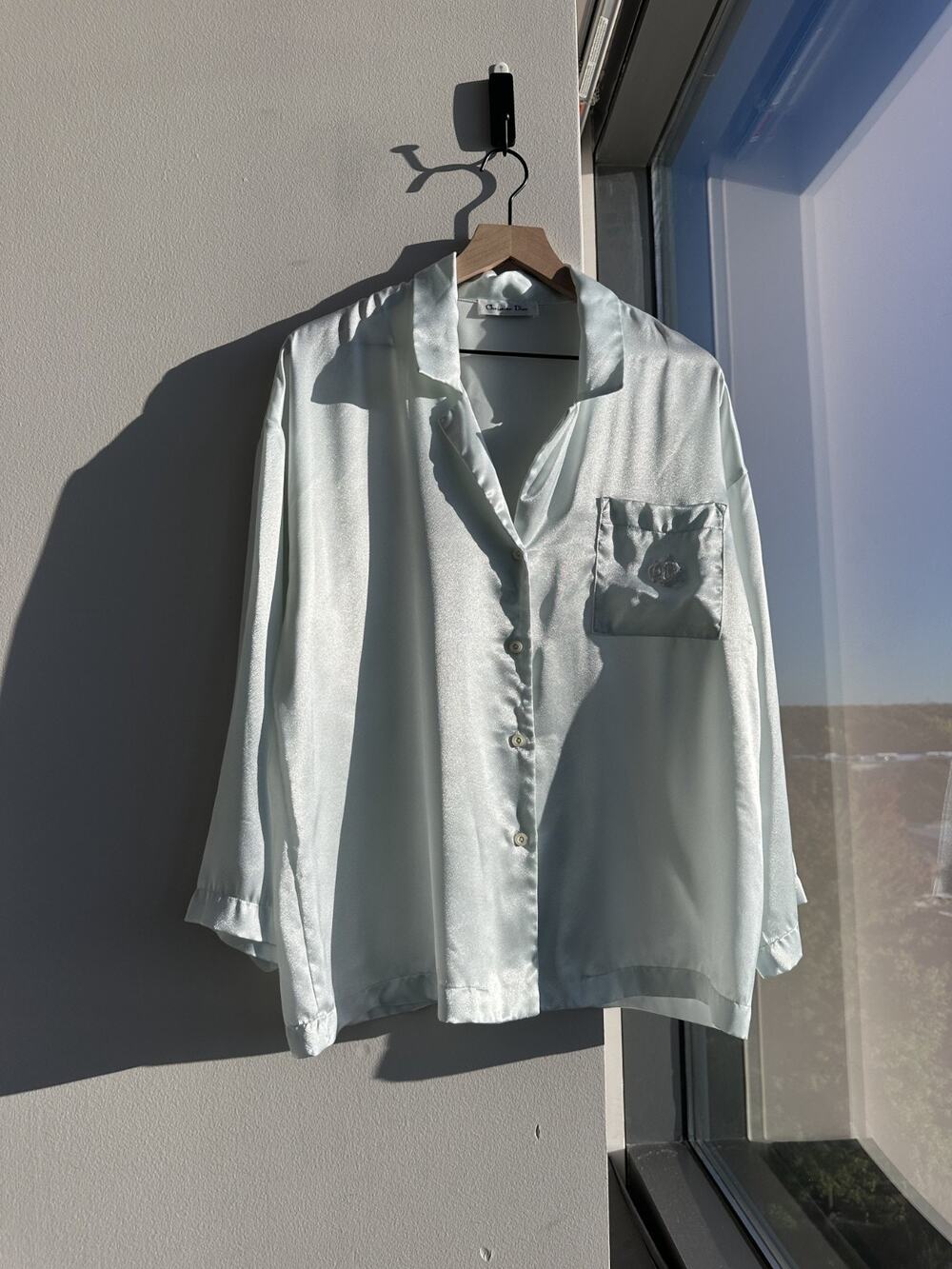 Vintage 1980s Christian Dior Light SeaFoam Satin Button Up Pajam Shirt Sz M